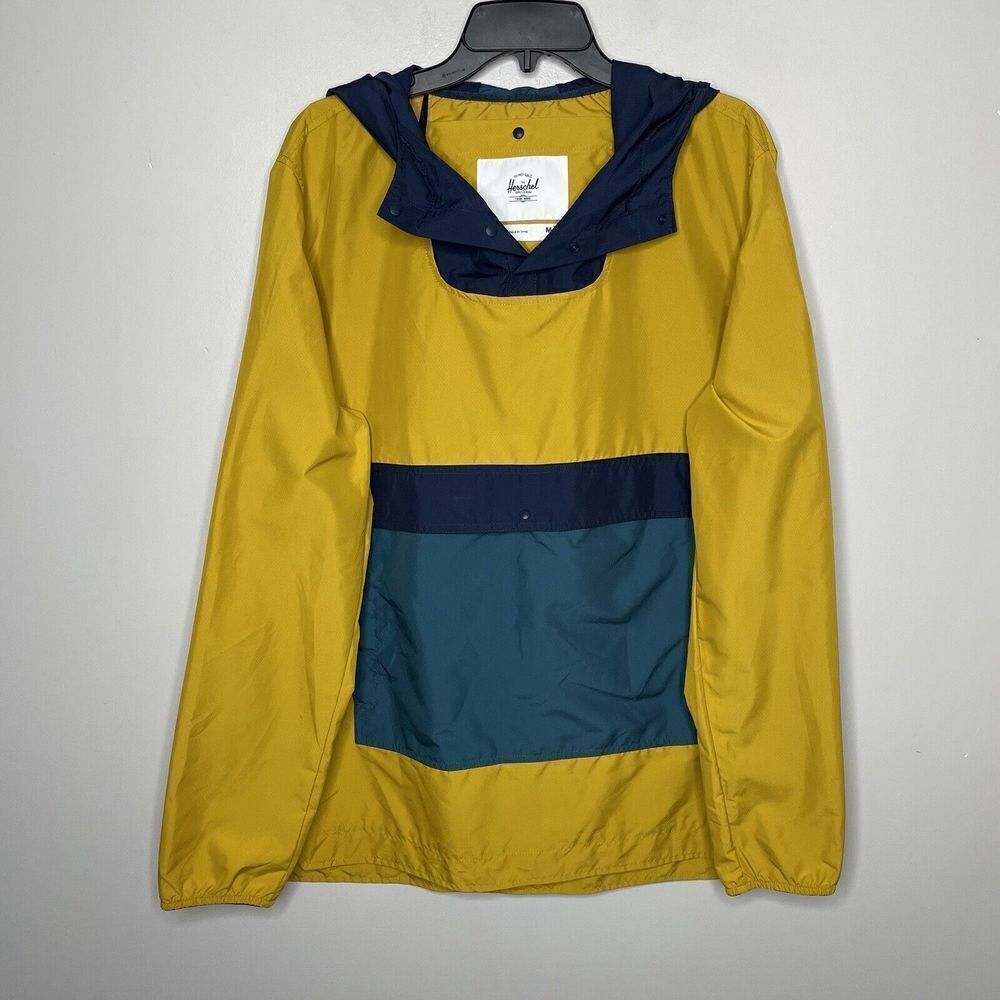 HERSCHEL Jacket Mens Medium Pullover Windbreaker NEW Hood Anorak Mustard Yellow